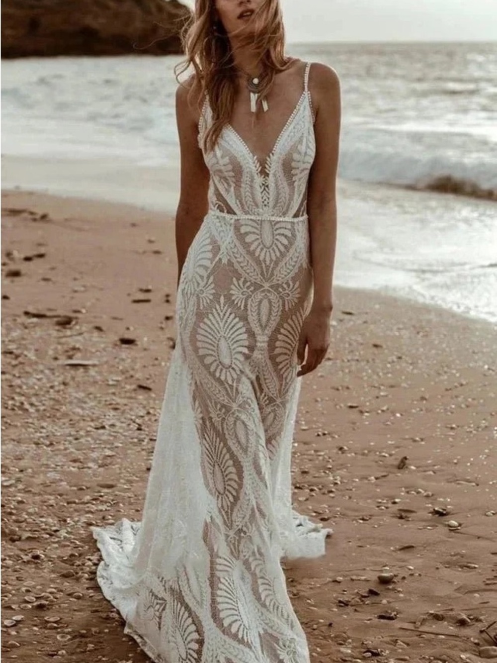 Elegant White Lace Maxi Dress with Deep V-Neck Brand NEW